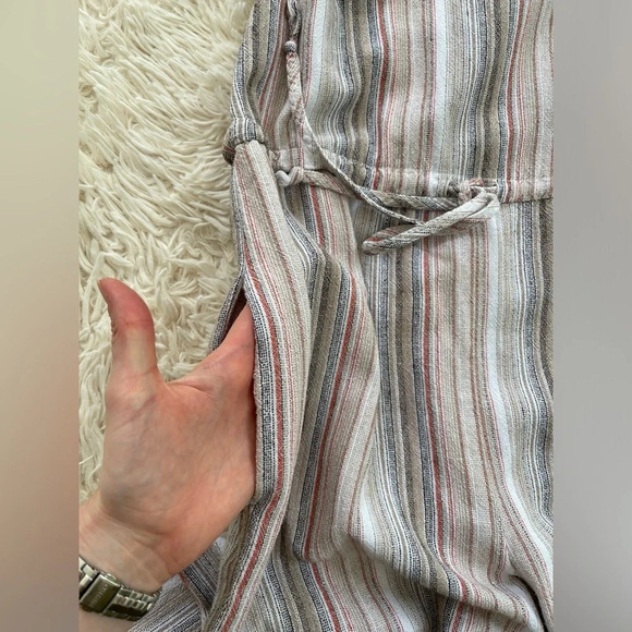 DREW Striped Linen Blend Jumpsuit Brown Tan Sleeveless Drawstring pockets SZ S - Picture 9 of 9